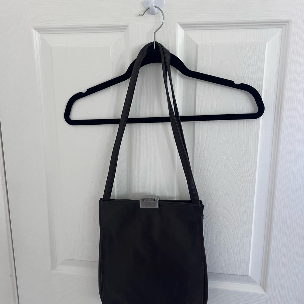 Perlina New York Black Soft Leather Shoulder Bag Purse Medium Size